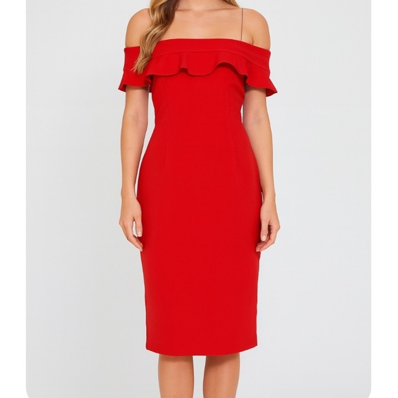 Eliza J. dress below knee ruffle shoulder line form fitting red zip up SZ 8 - Picture 1 of 12